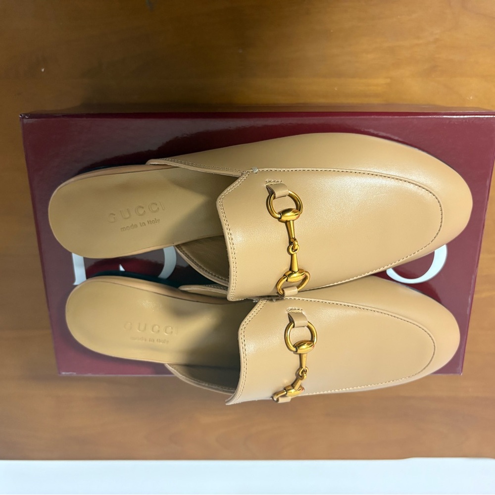 Gucci Women's Beige Leather Mules with Gold Accent